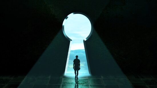 youngman walking alone in front of a big keyhole. light doorway