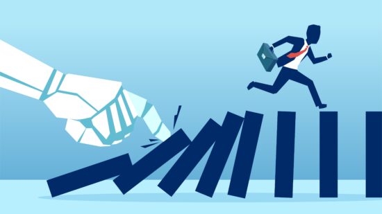 Vector of a robot hand pushing dominoes while businessman runing away from falling effect.